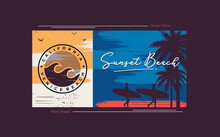 Vector Illustration On The Theme Of Surfing And Surf In California, Santa Monica Beach. Sport Typography, T-shirt Graphics, Print, Poster, Banner, Flyer, Postcard