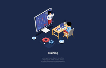 Sticker - Concept Of Online Training And Remote Courses. Student Is Studying Online Sitting At Laptop At Home. Online Coach On The Screen Is Showing An Educational Materials. Isometric 3d Vector illustration