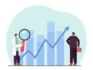 Wall Mural - Office person looking at business statistics. Employee with magnifier examining bar graph with up arrow flat vector illustration. Investment, success, finances concept for banner or landing web page