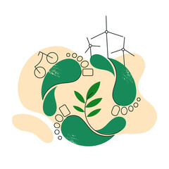 Carbon footprint effect as nature co2 gas emission problem and sustainable ecology balance concept. Green foot step and recycle symbol. Eco friendly transport or energy linear flat vector illustration