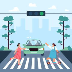 Wall Mural - Little cartoon girls crossing street in front of moving car. Driver beeping at children on road flat vector illustration. Danger, traffic, safety concept for banner, website design or landing web page
