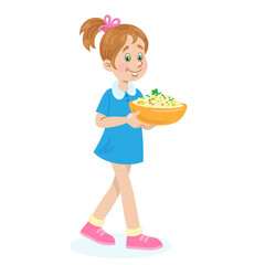 Canvas Print - Cute girl carries a plate with salad. In cartoon style. Isolated on white background. Vector flat illustration.