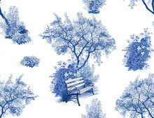 .Cozy Corner Of The Park ( Bench, Flowering Bushes). Vintage Seamless Pattern In Blue Tones On A White Background. Hand Drawn Nature Design..