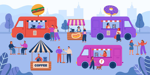 Wall Mural - Street food trucks on city festival or fair. Crowds of people buying food from market vendors during event flat vector illustration. Summer, marketing, food, shopping, festival concept for banner