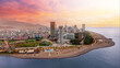 Drone photo of coast Batumi city at pink sunset