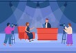 © PCH.Vector - TV talk show with female celebrity flat vector illustration. Woman sitting on sofa and talking with host, discussing news in studio. Videographers filming broadcasting. Television, interview concept