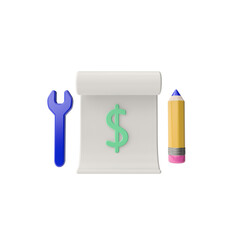 Wall Mural - 3d render illustration of construction estimate. pencil, screwdriver, sheet of paper with a dollar sign. Simple icon for app and web. Modern trendy design. Isolated on white background.