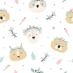 Wall Mural - Seamless pattern with cute animals anf forest elements