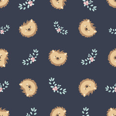 Wall Mural - Seamless pattern with cute hedghogs anf forest twigs