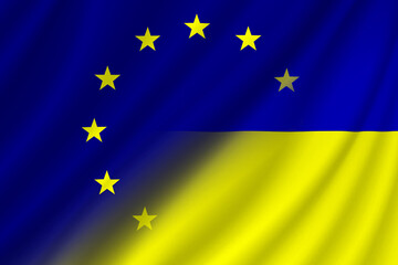 Wall Mural - European Union (EU) and Ukraine. European Union flag and Ukraine flag. Concept of aid, association of countries, political and economic relations. Flag with ripples. OTAN-NATO flag..