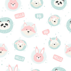 Wall Mural - Seamless pattern with cute animals and lettering words