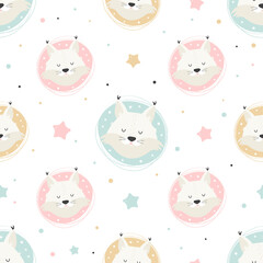 Wall Mural - Seamless childish pattern with cute dreaming lynx