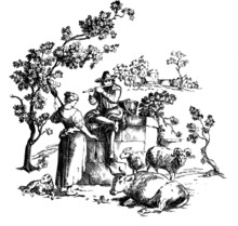 Graphic Retro Illustration Of A Scene From Rural Life Of The 19th Century. Shepherd And Shepherdess