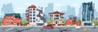 Natural disaster city illustration. Earthquake destruction. Cityscape with cracked roads and destroyed houses. Urban ruined landscape. Damaged buildings and broken car. Vector concept