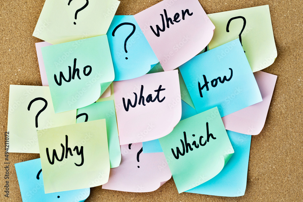 Who, why, what, when, how, where, which question on paper notes Stock ...