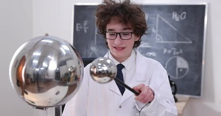 Wall Mural - education, science and kids concept - boy wearing goggles for physics lab doing electrical tests. ch