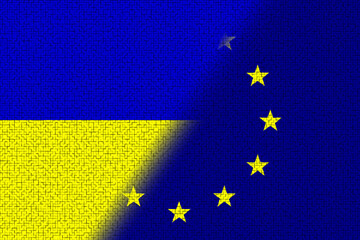 Wall Mural - European Union (EU) and Ukraine. European Union flag and Ukraine flag. Concept of aid, association of countries, political and economic relations. Horizontal design. Abstract design. Illustration.