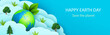 Earth Day banner, background with clouds, planet and trees in paper cut style. Vector