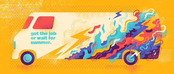 Wall Mural - retro style abstraction with van and colorful splashing shapes. vector illustration.