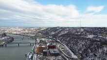 Drone Aerial View Of Snow Covered Mount Washington In Pittsburgh