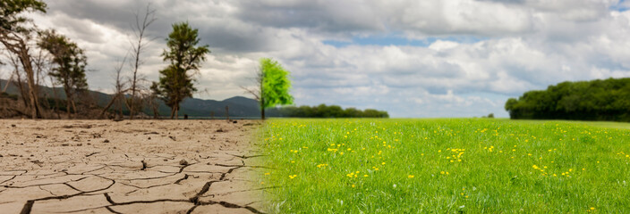 Sticker - Klimawandel von Dürre zu Grüner Landschaft