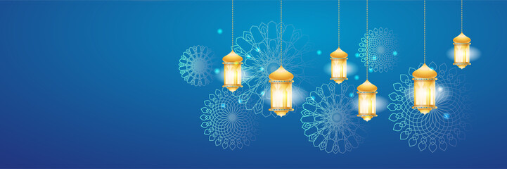 Stylish blue golden mosque design islamic banner background