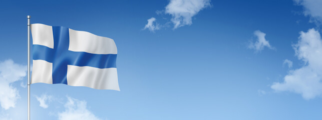 Wall Mural - Finnish flag isolated on a blue sky. Horizontal banner