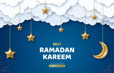 Canvas Print - Ramadan Kareem Horizontal Sale Header or Voucher Template with Gold Moon, 3d Paper cut Clouds and Stars on Night Sky Blue Background. Vector illustration. Place for Text.