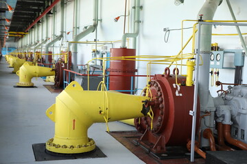 Gas transportation system. Booster pumping station for gas. Gas filling station and gas tanks. Transportation of gas around the world. Oil and gas sector. Gas turbines.