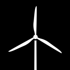 Wall Mural - White silhouette of windmill / wind turbines isolated on black background. Simple wind turbine design.