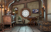 Fantasy Tiny Storybook Style Home Interior Cottage Room Background With Rustic Accents And A Small Round Window. 3d Rendering
