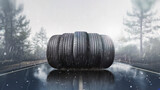 Fototapeta Mapy - Car tires on a rainy road - driving a car safety concept.