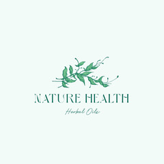 Wall Mural - Nature Health Herbal Oils Abstract Vector Sign, Symbol, Logo Template. Hand Drawn Colorful Herbs Branch Illustration with Classy Typography. Botanical Care Cosmetics Emblem Isolated