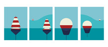 Set Of Posters Buoy On The Sea, Ocean. Illustration Of Calm Sea And Ocean With Waves.