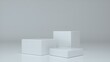 © MIKHAIL - Three empty grey stands and abstract geometry background. Podium, pedestal, platform for cosmetic product presentation, showcase. Minimalist mock up scene, concept template. 3d render