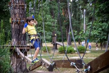 Wall Mural - Strong excited young boy playing outdoors in rope park. Caucasian child dressed in casual clothes and sneakers at warm sunny day. Active leisure time with children concept