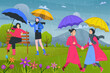 © Sajjad - People enjoy raining weather in the park. Flat vector illustration.