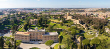 Panoramic Aerial View Of Vatican Gardens And Governor's Palace (Palazzo Del Governatorato) From St. Peter's Basilica. Vatican City, Rome, Italy.