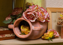 A Beautiful Bright Bouquet Of Blooming Fresh Roses In A Decorative Pot Collected By An Experienced Florist