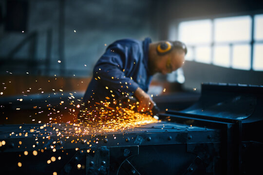 Industrial worker cutting and welding metal with special equipment at workshop. Metal processing with angle grinder. Flying sparks around.