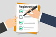 Man hold Registration clipboard with checklist. Man hold in hand clipboard agreement. Flat design, vector illustration