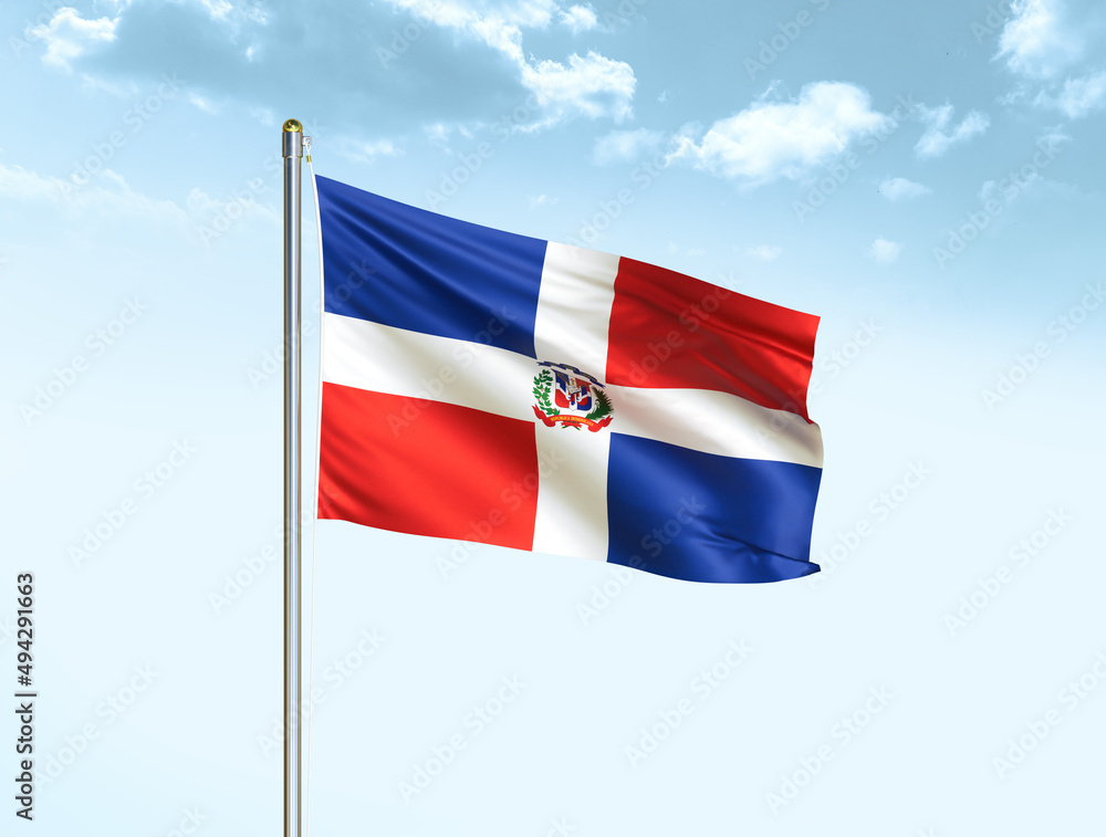 Dominican Republic national flag waving in blue sky with clouds. Dominican Republic flag. 3D illustration
