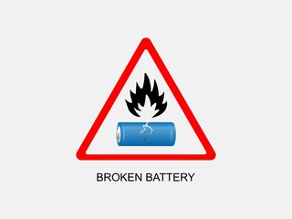 Damaged broken battery with fire hazard sign. Disposal of flammable batteries.