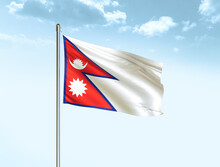 Nepal National Flag Waving In Blue Sky With Clouds. Nepal Flag. 3D Illustration