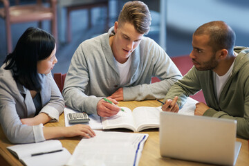 Sticker - Cramming some last minute knowledge. A group of young people studying together in the library.