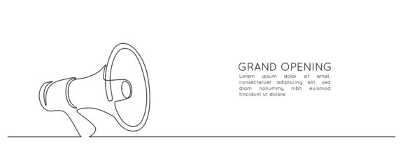 Poster - Public horn speaker in One continuous line drawing. Loudspeaker icon of marketing promotion in simple linear style. Business concept for attention and job offer. Doodle vector illustration