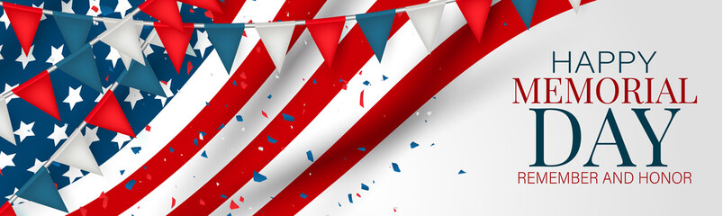 Wall Mural - Memorial Day banner, website or newsletter header. Background with American national flag and bunting. United States of America holiday. Vector illustration.