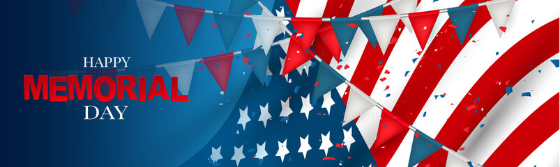 Wall Mural - Memorial Day banner, website or newsletter header. Background with American national flag and bunting. United States of America holiday. Vector illustration.