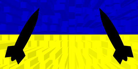 Ukraine. Nuclear weapons. Ukrainian flag with nuclear weapons symbol with missile silhouette. Illustration of the flag of Ukraine. Horizontal design.  Ukraine. Jerson. Stop the fire. 36 hours.