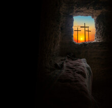 Easter Morning, Golgotha Hill With Silhouettes Of The Cross,